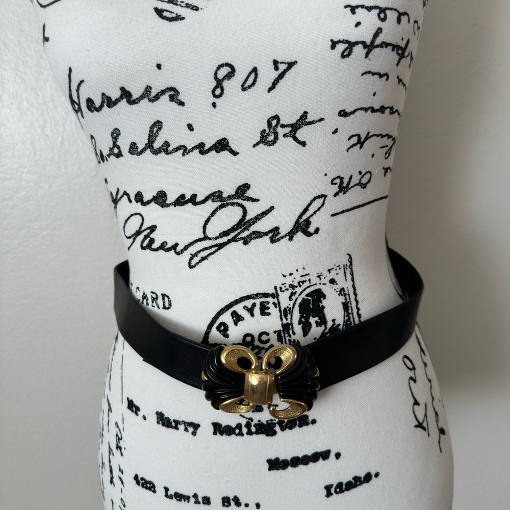 Vintage 80s black leather and gold buckle belt